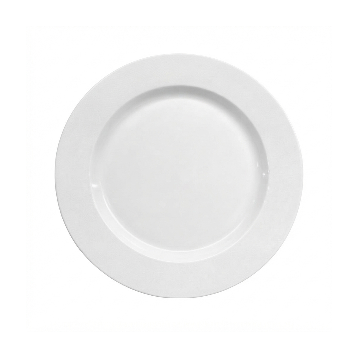 Fehér kerek lapostányér szállodai használatra, vastagfalú porcelánból, 26,9 cm átmérővel.