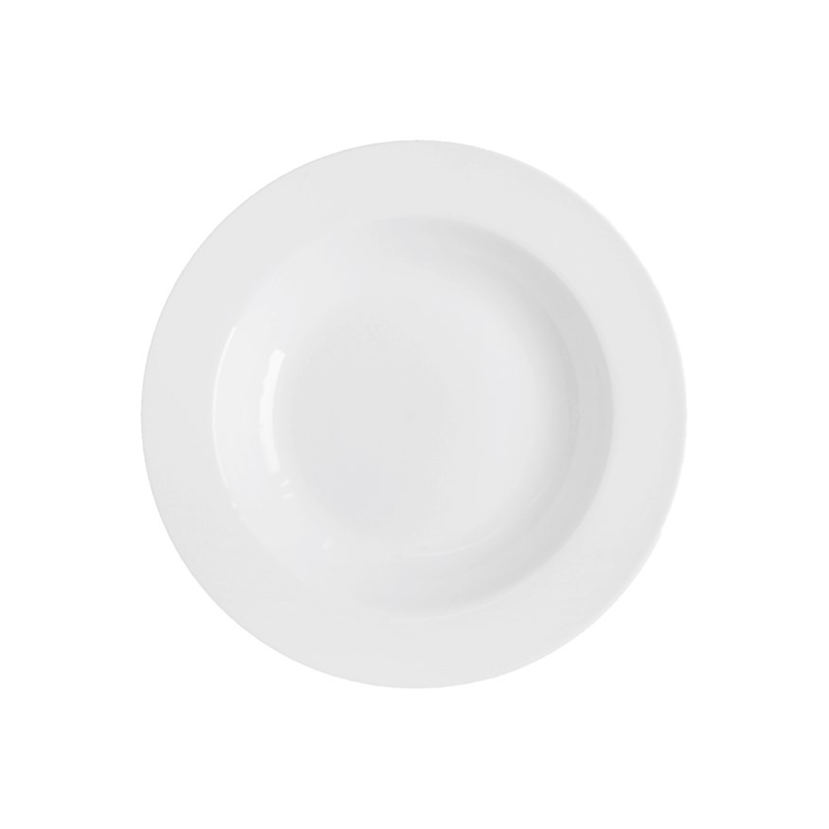 Fehér kerek mélytányér Bistro porcelánból, 23,5 cm átmérővel, széles peremmel.