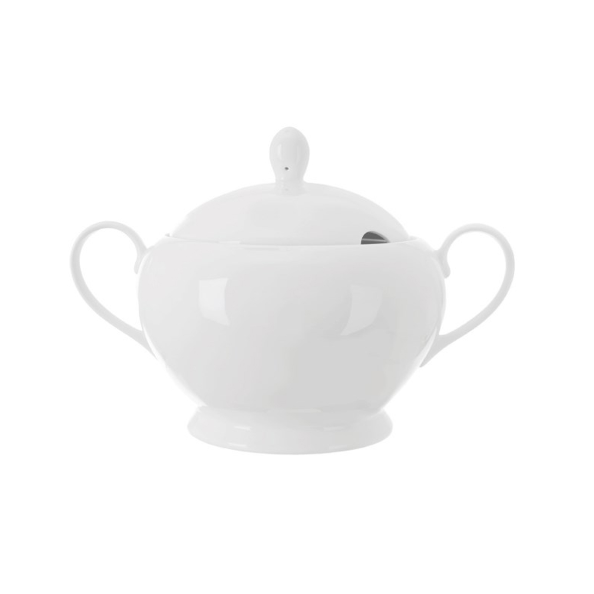 Fehér porcelán levesestál Mona fedővel és merőkanál nyílással, 3,2 l.