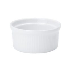 Kerek sütőtál fehér porcelánból, bordázott felülettel, 9,5 cm átmérővel.