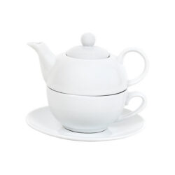 Fehér porcelán teáskészlet: teáskanna (390 ml), csésze (270 ml) és csészealj.