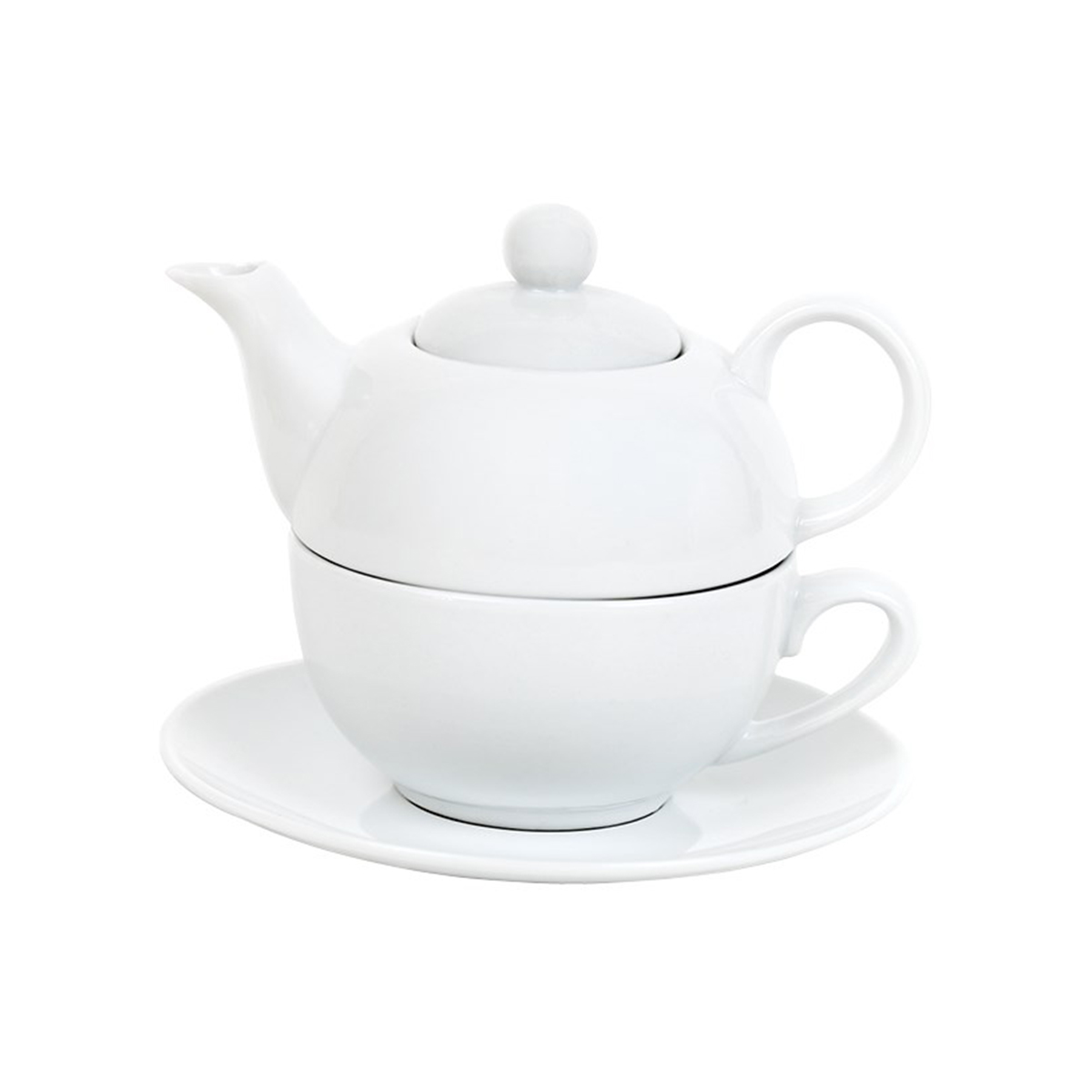 Fehér porcelán teáskészlet: teáskanna (390 ml), csésze (270 ml) és csészealj.