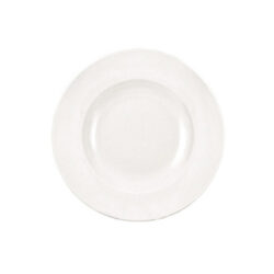 Fehér kerek tésztatányér vastag falú porcelánból, Ø 30,4 cm, mély középpel.