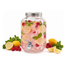 Átlátszó üveg italadagoló fém fedéllel és csappal, 4 l, dombornyomott mintával.