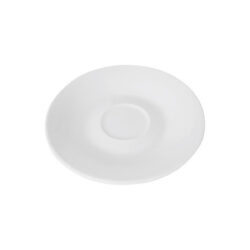 Fehér kerek Hotel csészealj vastag falú porcelánból, 12,6 cm átmérőjű, alacsony nedvszívású.