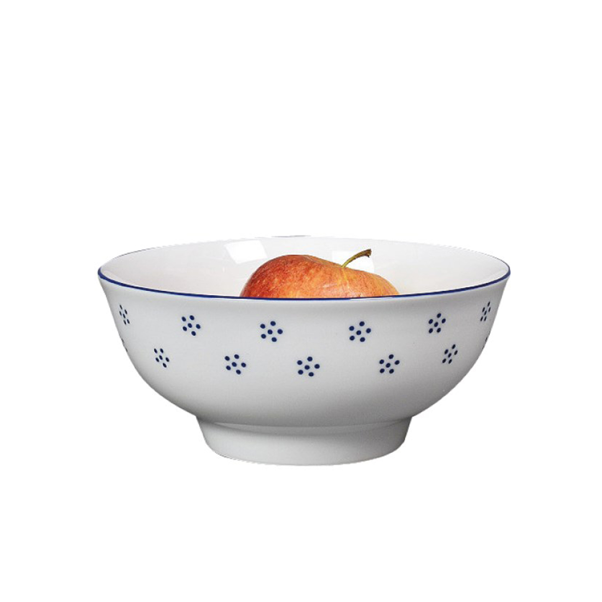 Fehér porcelán tál Valbella G.Benedikt, 16 cm, kék pöttyökkel és szegéllyel.