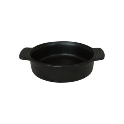 Kerek fekete porcelán sütőtál öntöttvas utánzattal, 220 ml, két fogantyúval.
