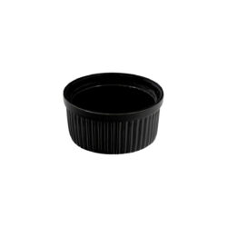 Kerek fekete porcelán sütőtálka bordázott falakkal, 9 cm átmérőjű.