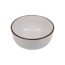 Kerek vanília színű porcelán tál finom pöttyözéssel és barna peremmel.