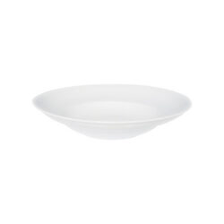 Fehér kerek porcelán tányér mélyített középpel és széles peremmel, átmérő 27 cm.